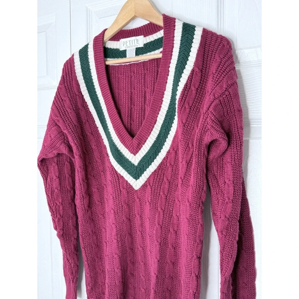 Petite Sophisticate Red/green TENNIS GOLF sweater V-neck Cable Knit SZ M‎ Preppy